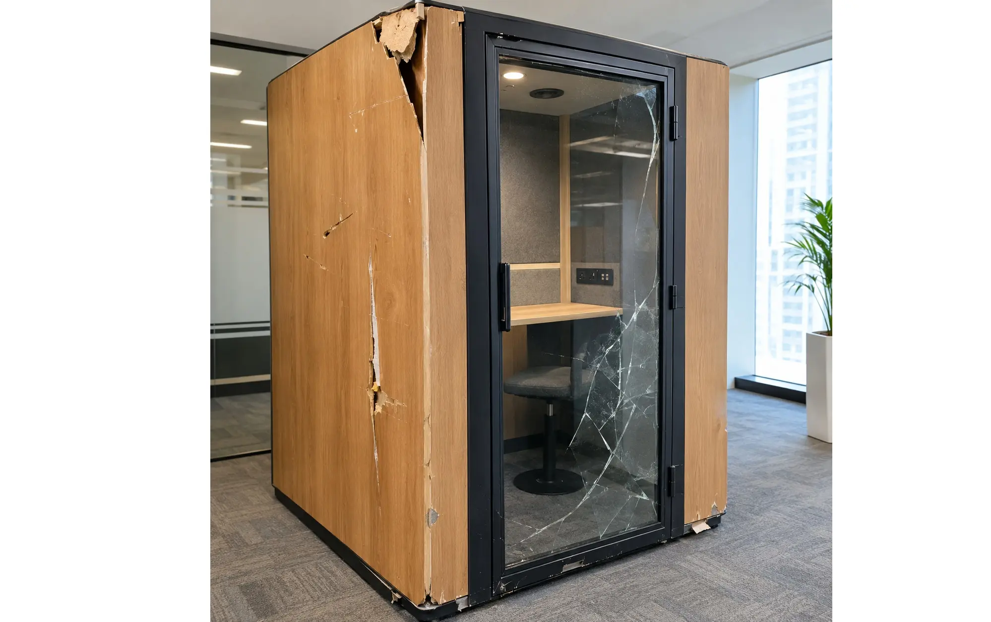 damaged wooden office pod